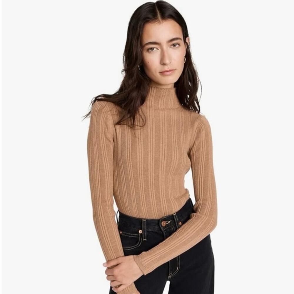 MADEWELL Women's Leaton M Lightweight Ribbed Mock Sweater Heather Caramel Brown